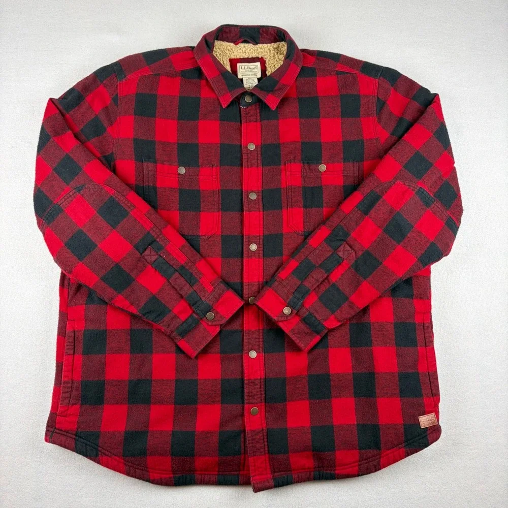LL Bean Sherpa Lined Scotch Plaid Flannel Shirt Jacket Mens XL Red Buffalo Snap